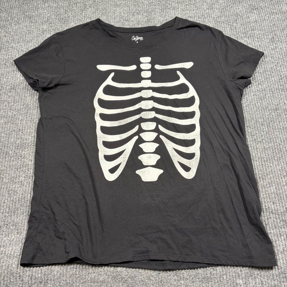 City Streets Shirt Womens XL Skeleton Rib Cage Graphic Black Halloween Goth